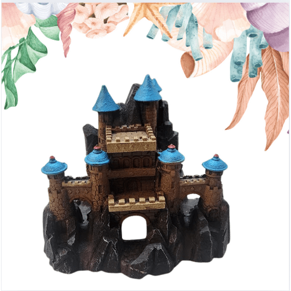 Fantasy Resin Castle for Aquariums  Fish Tank Underwater Fortress Decoration with Archways & Swim Spaces - Blue and Gold