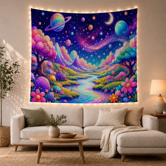 Fantasy River and Magical Hills with Glowing Flowers, Dreamy Illustration for Space Lovers, Cosmic Nature Art Decor Birthday Gift Tapestry Wall Hanging for Bedroom and Living Room