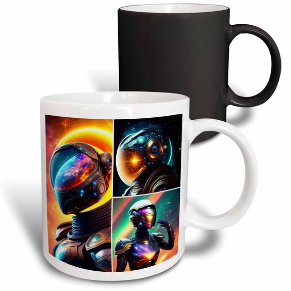 3drose, Fantasy Robots in Space. Allegory of Space Exploration Triptych Art, 11oz Magic Transforming Mug