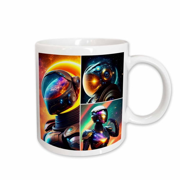 3drose, Fantasy Robots in Space. Allegory of Space Exploration Triptych Art, 15oz Mug