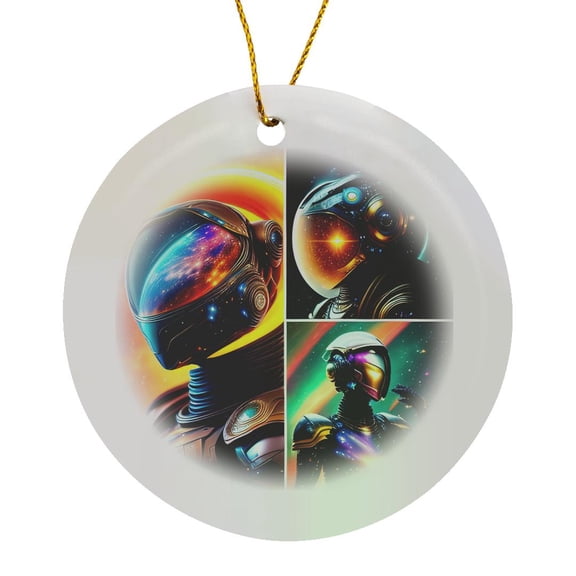 3drose, Fantasy Robots in Space. Allegory of Space Exploration Triptych Art, Circle Porcelain Ornament