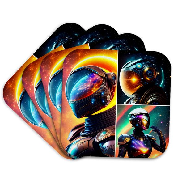 3drose, Fantasy Robots in Space. Allegory of Space Exploration Triptych Art, Set of 4 Coasters - Soft