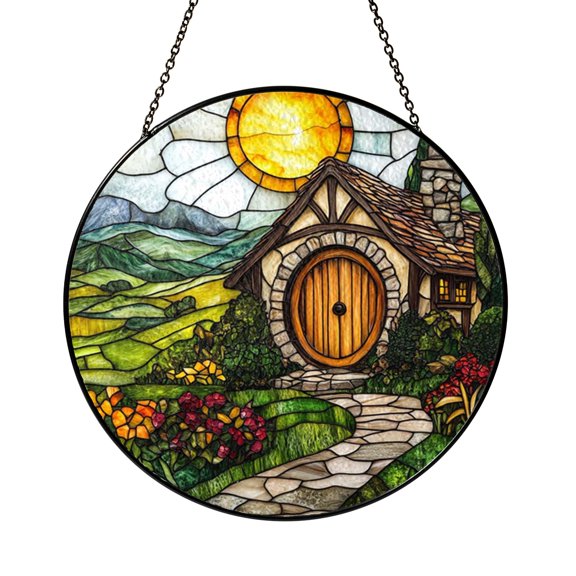 Fantasy Round Door Stained Glass Inspired Suncatcher, Cottagecore Window Hanging Decor Art Panel, Enchanted Home Accent Ornament Gift Idea