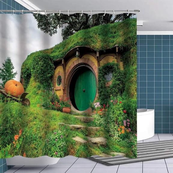 Fantasy Rural Green Living Cabin Fabric Shower Curtain Sets Magic Bathroom Curtains with Decoration Waterproof