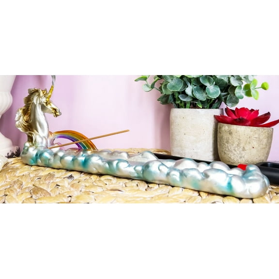 Fantasy Sacred Rare Unicorn Horse By Rainbow And Clouds Incense Holder Figurine