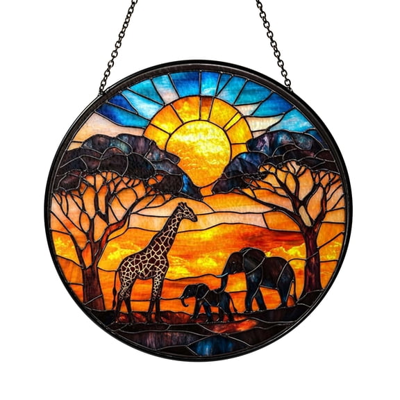 Fantasy Safari Sunset Stained Glass Style Suncatcher For Window Hanging, Imaginary Giraffe And Elephant Art Decor, Aesthetic Wildlife Room Ornament, Decorative Present For Nature Art Lovers