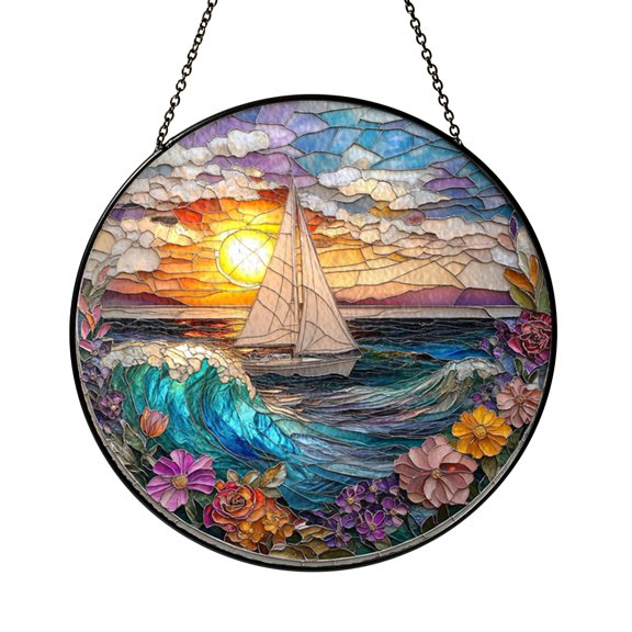 Fantasy Sailboat Sunset Stained Glass Window Decor – Handmade Coastal Hanging Art