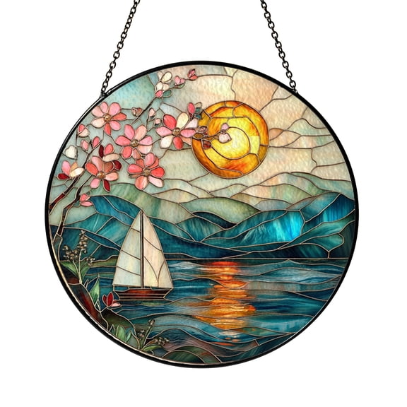 Fantasy Sailboat Sunset Stained Glass Window Decor – Handmade Ocean Horizon Hanging Art