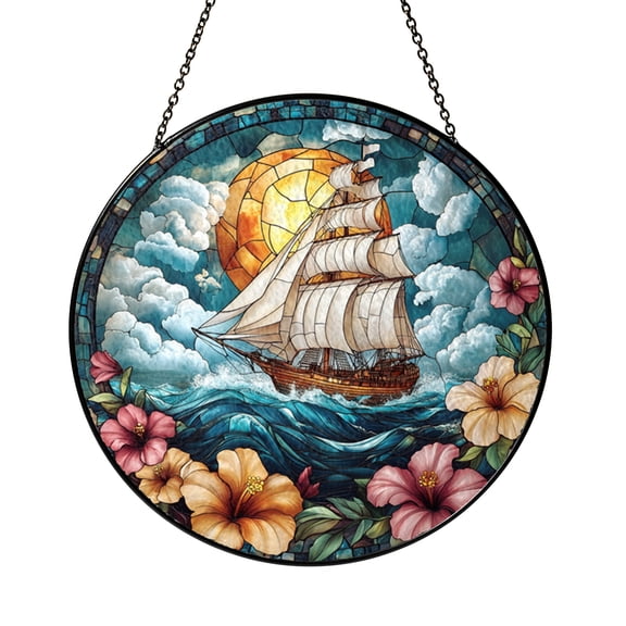 Fantasy Sailing Ship Stained Glass Style Suncatcher For Window Hanging, Imaginary Moonlit Ocean Art Decor With Floral Accents, Aesthetic Nautical Room Ornament, Decorative Present For Sea Lovers