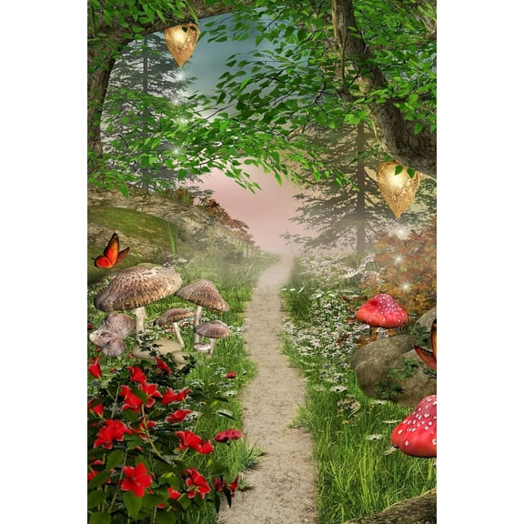 Fantasy Scenery with a Fairy Tree Lamps Flowers Mushrooms and Butterflies Garden Yard Flag 28 x 40 Inch, Double Sided Large Garden Yard Welcome Flags for Home Lawn Patio Outdoor Decor