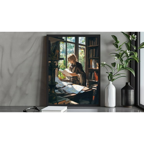 Fantasy Scholar Art Print, Adventurer Studying Maps In Sunlit Library, Medieval Exploration Scene, Book Lover'S Decor Wall Art, Modern Wall Decor, 24x36 UNFRAMED