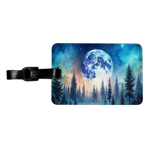 Fantasy Sci-fi World Moon Rising Over Forest Faux Leather Travel Luggage Tag