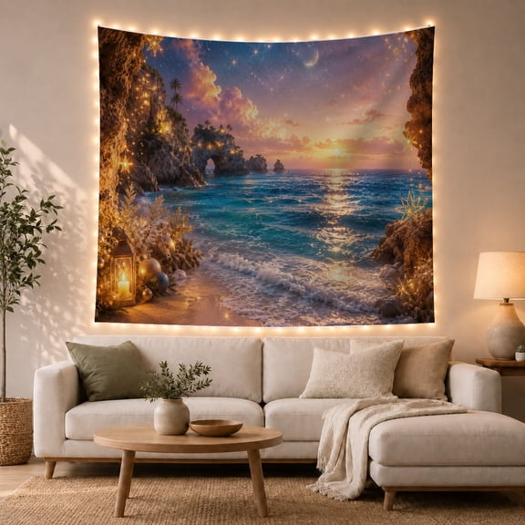 Fantasy Sea Cave Sunset With Stars, Dreamy Coastal Art for Ocean Lovers, Celestial Home Decor, Housewarming Gift, Tapestry Wall Hanging for Bedroom and Living Room