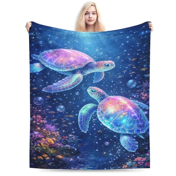 Fantasy Sea Turtle Blanket Glowing Ocean Turtle Throw Blanket Soft Cozy Flannel Marine Life Blanket Ocean Decor Summer Gift 50x40