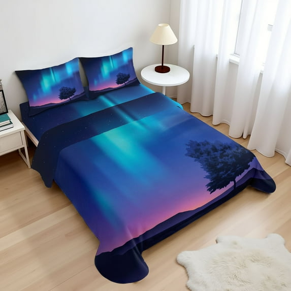 Ambesonne Fantasy Fitted & Top Sheet Set with Shams, Aurora Borealis Tree, Blue Purple