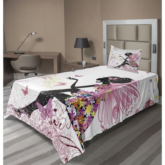 Ambesonne Fantasy Fitted & Top Sheet Set with Sham, Butterfly Lady in Flowers, Multicolor