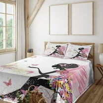 Ambesonne Fantasy Fitted & Top Sheet Set with Shams, Butterfly Lady in Flowers, Multicolor