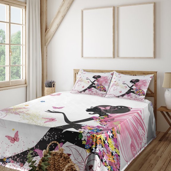 Ambesonne Fantasy Fitted & Top Sheet Set with Shams, Butterfly Lady in Flowers, Multicolor