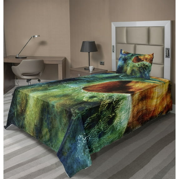 Ambesonne Colorful Fitted & Top Sheet Set with Sham, Mythical Phoenix Birth, Multicolor