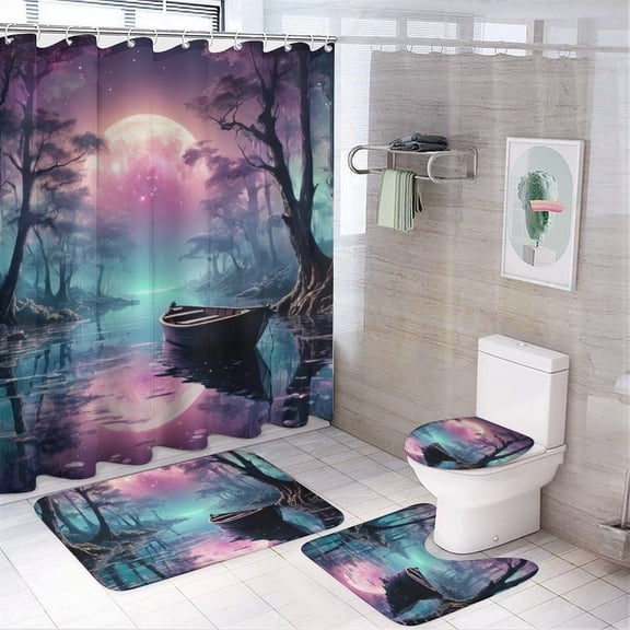 Fantasy Ship Print Shower Curtain Set 4-Set Bathroom Decor Set Moonlight Magical Night Scene Includes Toilet Cover Mat ,Floor Mat ,U-Mat ,Shower Curtain with 12 Hooks,72inx72in