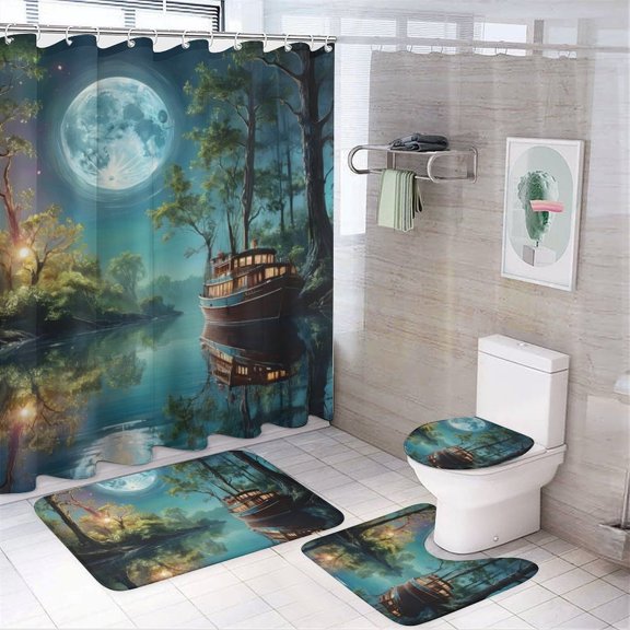Fantasy Ship Print Shower Curtain Set 4-Set Bathroom Decor Set Moonlight Magical Night Scene Includes U-Mat ,Toilet Cover Mat ,Floor Mat ,Shower Curtain with 12 Hooks,72inx72in
