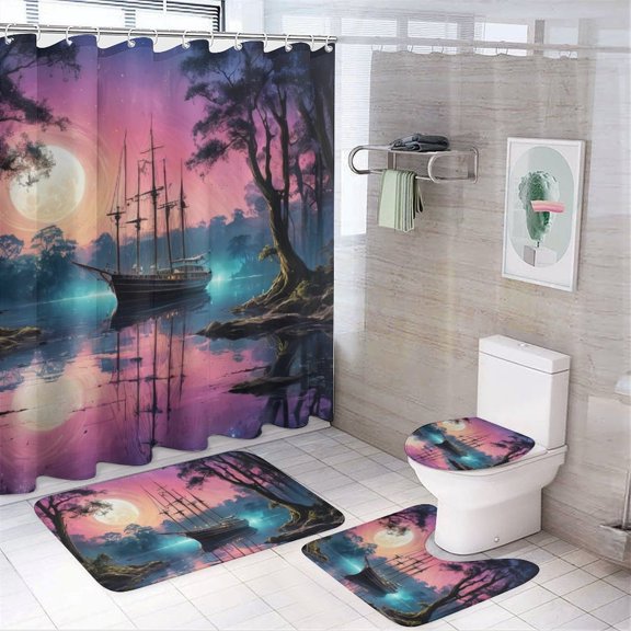 Fantasy Ship Print Shower Curtain Set 4-Set Magical Moonlight Bathroom Decor Set Night Scene Includes Floor Mat ,Toilet Cover Mat ,U-Mat ,Shower Curtain with 12 Hooks,72inx72in