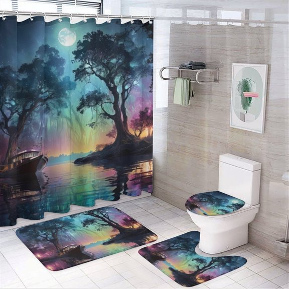 Fantasy Ship Print Shower Curtain Set 4-Set Magical Moonlight Night Scene Bathroom Decor Set Includes U-Mat ,Toilet Cover Mat ,Floor Mat ,Shower Curtain with 12 Hooks,72inx72in