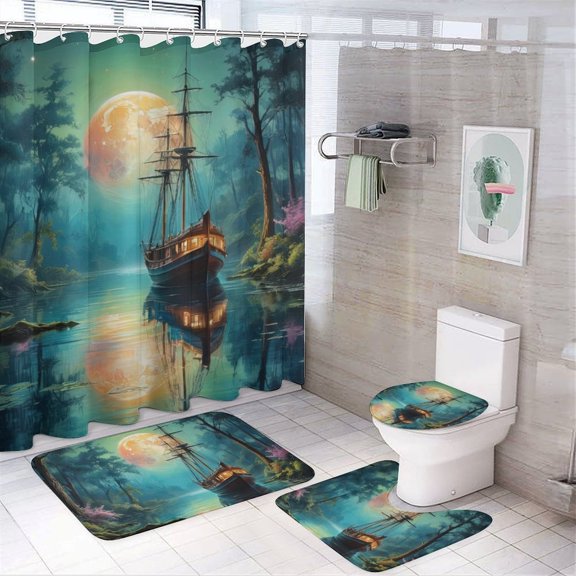 Fantasy Ship Print Shower Curtain Set 4-Set Magical Moonlight Night Scene Bathroom Decor Set Includes U-Mat ,Toilet Cover Mat ,Floor Mat ,Shower Curtain with 12 Hooks,72inx72in