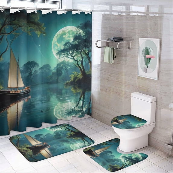 Fantasy Ship Print Shower Curtain Set 4-Set Moonlight Magical Bathroom Decor Set Night Scene Includes Floor Mat ,U-Mat ,Toilet Cover Mat ,Shower Curtain with 12 Hooks,72inx72in