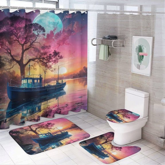 Fantasy Ship Print Shower Curtain Set 4-Set Moonlight Magical Night Scene Bathroom Decor Set Includes Floor Mat,Toilet Cover Mat,U-Mat ,Shower Curtain with 12 Hooks,72inx72in