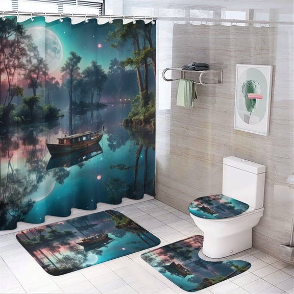 Fantasy Ship Print Shower Curtain Set 4-Set Moonlight Magical Night Scene Bathroom Decor Set U-Mat ,Floor Mat ,Toilet Cover Mat ,Shower Curtain with 12 Hooks,72inx72in