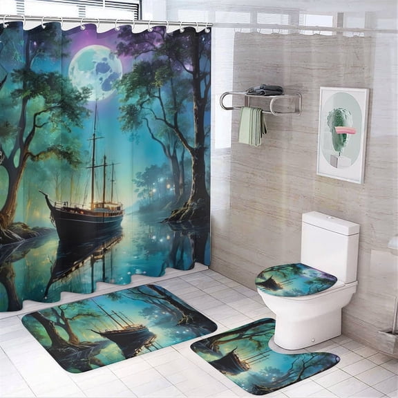 Fantasy Ship Print Shower Curtain Set 4-Set Moonlight Night Scene Bathroom Decor Set Magical Includes Toilet Cover Mat ,Floor Mat ,U-Mat ,Shower Curtain with 12 Hooks,72inx72in