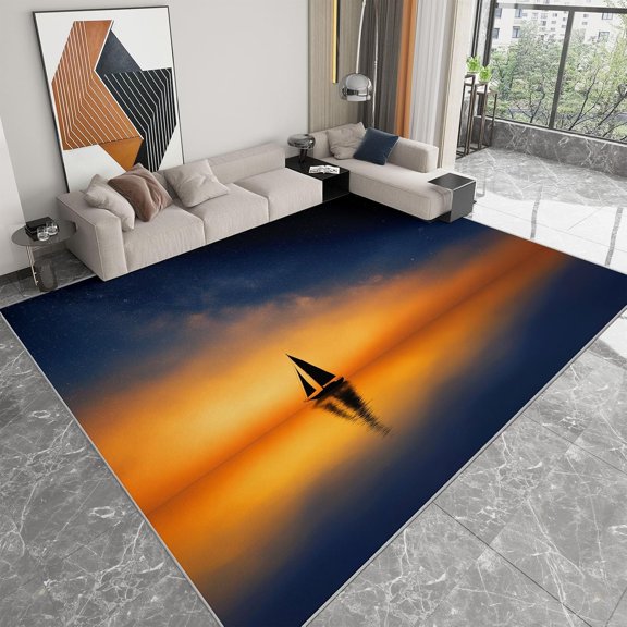 Fantasy Ship Sea Area Rugs, Dark Blue Ocean Carpet, Washable Non Slip Low Pile Soft Rug for Living Room Bedroom Bedside Office Home Decor Mat 5x8ft