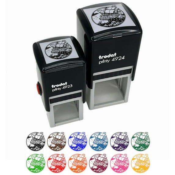 Fantasy Ship on Large Ocean Wave Self-Inking Rubber Stamp Ink Stamper - Red Ink - Small 1 Inch