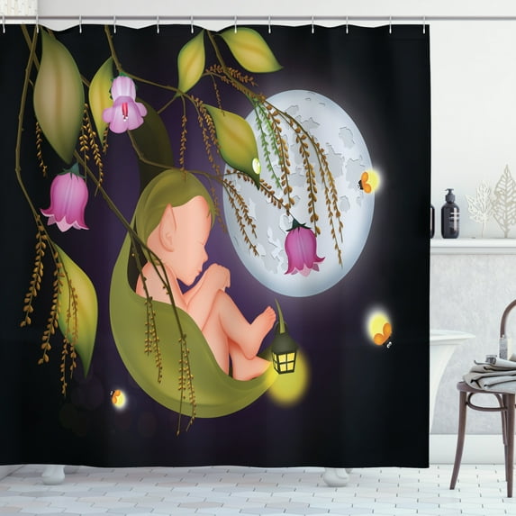 Fantasy Shower Curtain, Baby Elf on Leaf Growing to Moon Mystic Night Fireflies Christmas Tale Print, Fabric Bathroom Set with Hooks, 69W X 75L Inches Long, Multicolor, by Ambesonne