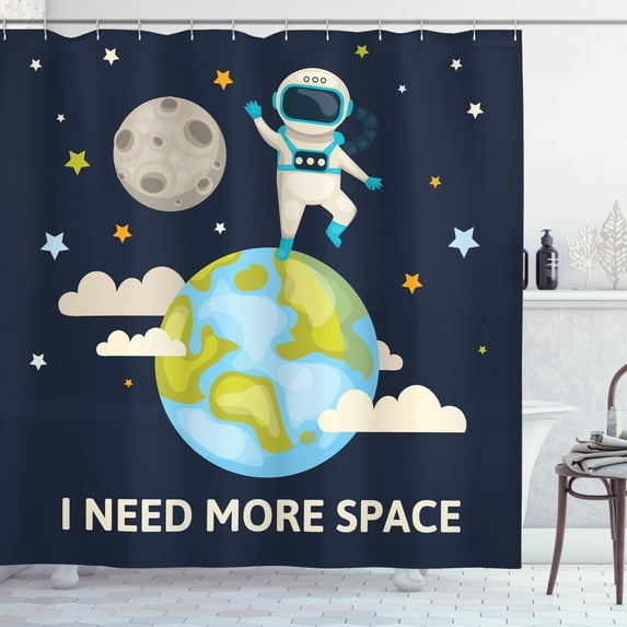 Fantasy Shower Curtain, Spaceman Waving over Planet Earth Space Adventure to Stars Cartoon with Funny Quote, Fabric Bathroom Set with Hooks, 69W X 84L Inches Extra Long, Multicolor, by Ambesonne