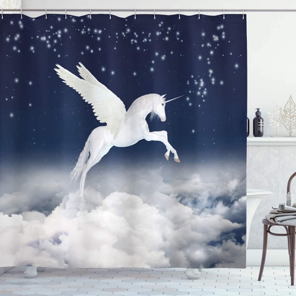 Fantasy Shower Curtain, Unicorn Flying Over Clouds Novelty and Purity Magic Creature Image, Cloth Fabric Bathroom Decor Set with Hooks, 69" W x 84" L, White Blue