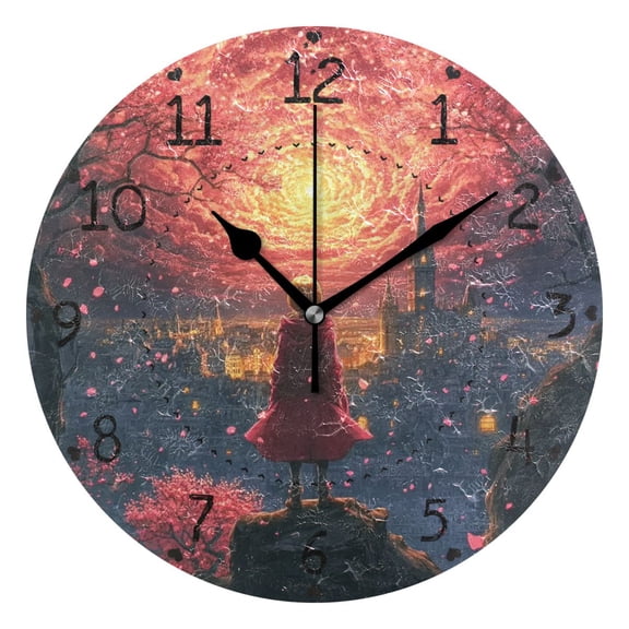 Fantasy Sky and Girl Round Wall Clock Silent Battery Operated Home Decor for Living Room Bedroom