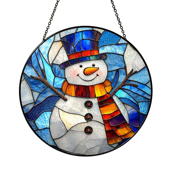 Fantasy Snowman Stained Glass Style Window Hanging, Winter Scene Art Decor, Decorative Light Catcher