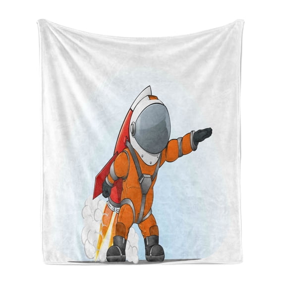 Fantasy Soft Flannel Fleece Blanket, Astronaut Man Going to Space with Rocket Galactic Journey Science Illustration, Cozy Plush for Indoor and Outdoor Use, 60" x 80", Orange Grey Red, by Ambesonne