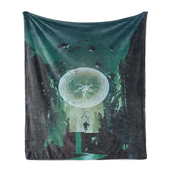 Fantasy Soft Flannel Fleece Blanket, Ball and Human Merging Building Dark Feeling Magic Featured Comics Fiction Artwork, Cozy Plush for Indoor and Outdoor Use, 70" x 90", Teal Black, by Ambesonne