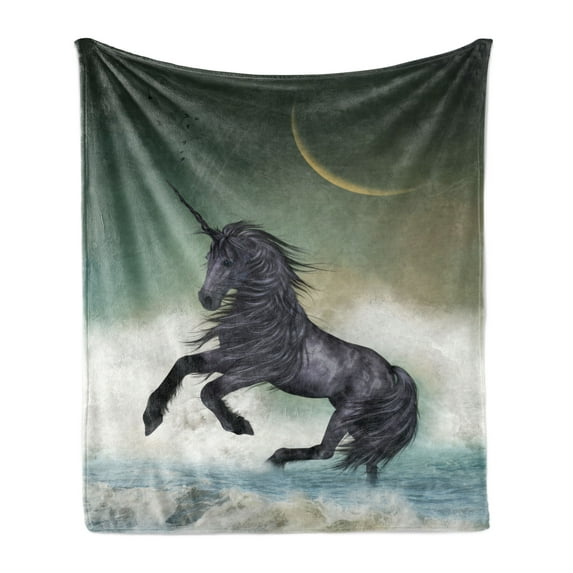Fantasy Soft Flannel Fleece Blanket, Black Unicorn in the Ocean with Moon Abstract Mythical Creatures Hand Drawn Design, Cozy Plush for Indoor and Outdoor Use, 60" x 80", Multicolor, by Ambesonne