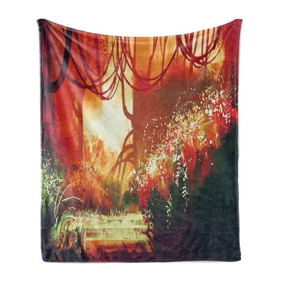 Fantasy Soft Flannel Fleece Blanket, Colorful Modern Autumn Forest with Blured Special Effects in Vivid Tones Design, Cozy Plush for Indoor and Outdoor Use, 60" x 80", Orange Green, by Ambesonne