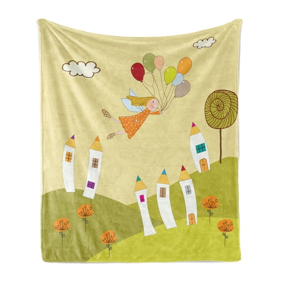 Fantasy Soft Flannel Fleece Blanket, Fairy Girl Floating over the City with Colorful Balloons Doodle Style Town on Hill, Cozy Plush for Indoor and Outdoor Use, 60" x 80", Multicolor, by Ambesonne