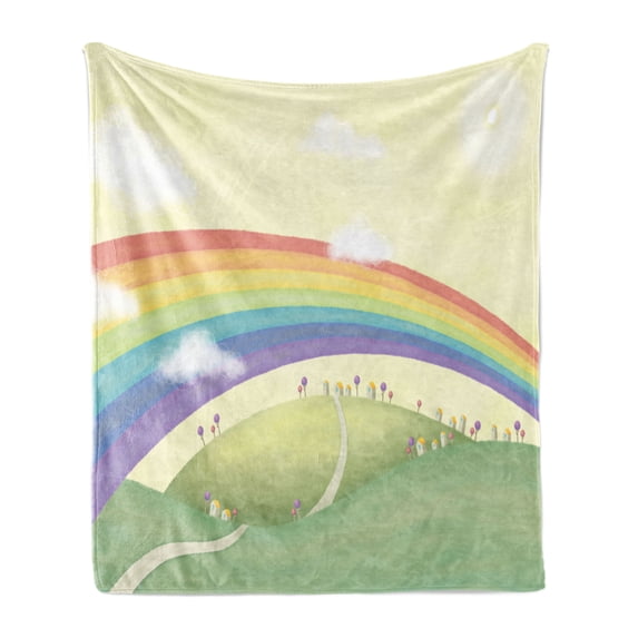 Fantasy Soft Flannel Fleece Blanket, Fairytale Theme Countryside Landscape Covered with Rainbow Sky over the Hills Image, Cozy Plush for Indoor and Outdoor Use, 50" x 70", Multicolor, by Ambesonne