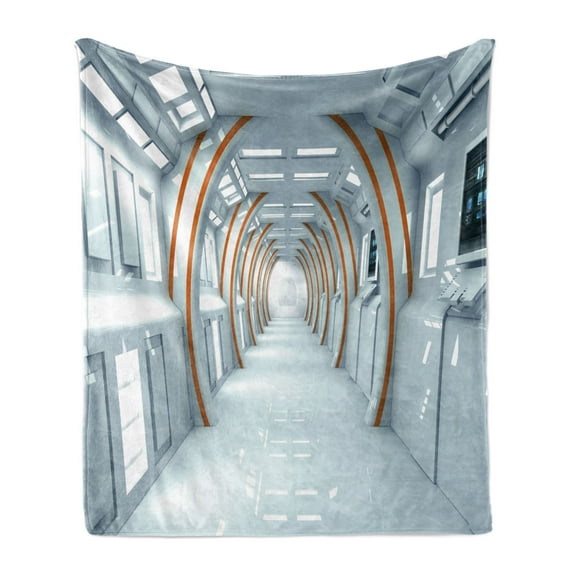 Fantasy Soft Flannel Fleece Blanket, Futuristic Hallway of Spaceship Digital Architecture Sci Fi Style Inner View, Cozy Plush for Indoor and Outdoor Use, 50" x 70", Baby Blue Orange, by Ambesonne