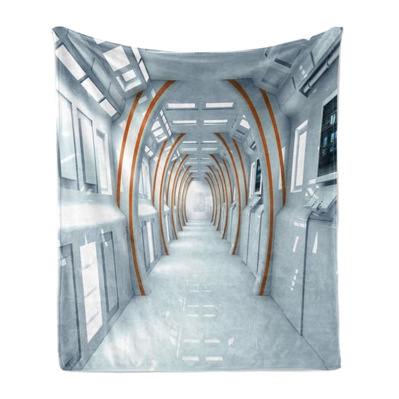 Fantasy Soft Flannel Fleece Blanket, Futuristic Hallway of Spaceship Digital Architecture Sci Fi Style Inner View, Cozy Plush for Indoor and Outdoor Use, 70" x 90", Baby Blue Orange, by Ambesonne