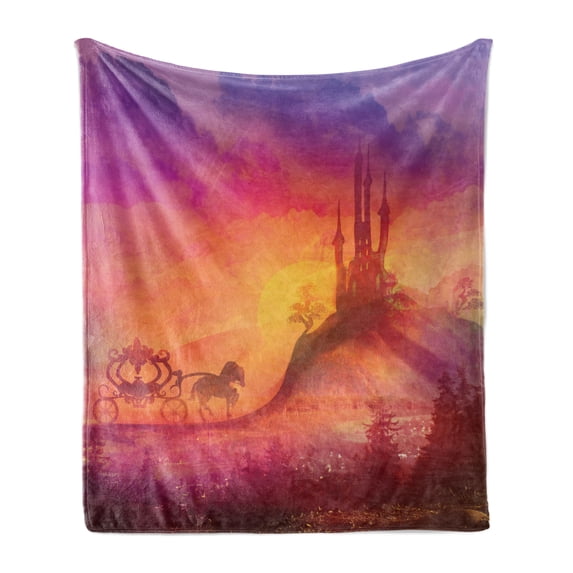 Fantasy Soft Flannel Fleece Blanket, Gothic Medieval Castle and Carriage Horse Imaginary Kingdom Mystery Style Print, Cozy Plush for Indoor and Outdoor Use, 60" x 80", Orange Purple, by Ambesonne