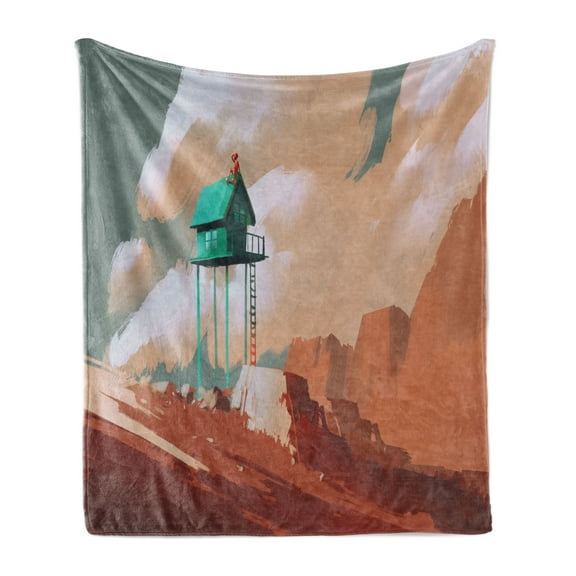 Fantasy Soft Flannel Fleece Blanket, Little Wood House on Stone Hill with Robot on the Cloudy Roof Calming Artwork Print, Cozy Plush for Indoor and Outdoor Use, 70" x 90", Tan Green, by Ambesonne
