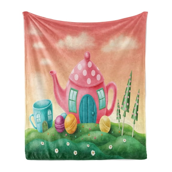 Fantasy Soft Flannel Fleece Blanket, Polka Dotted Fantasy Tea Pot and Coffee Cup House Surrounded by Lollipops, Cozy Plush for Indoor and Outdoor Use, 50" x 60", Fern Green and Coral, by Ambesonne